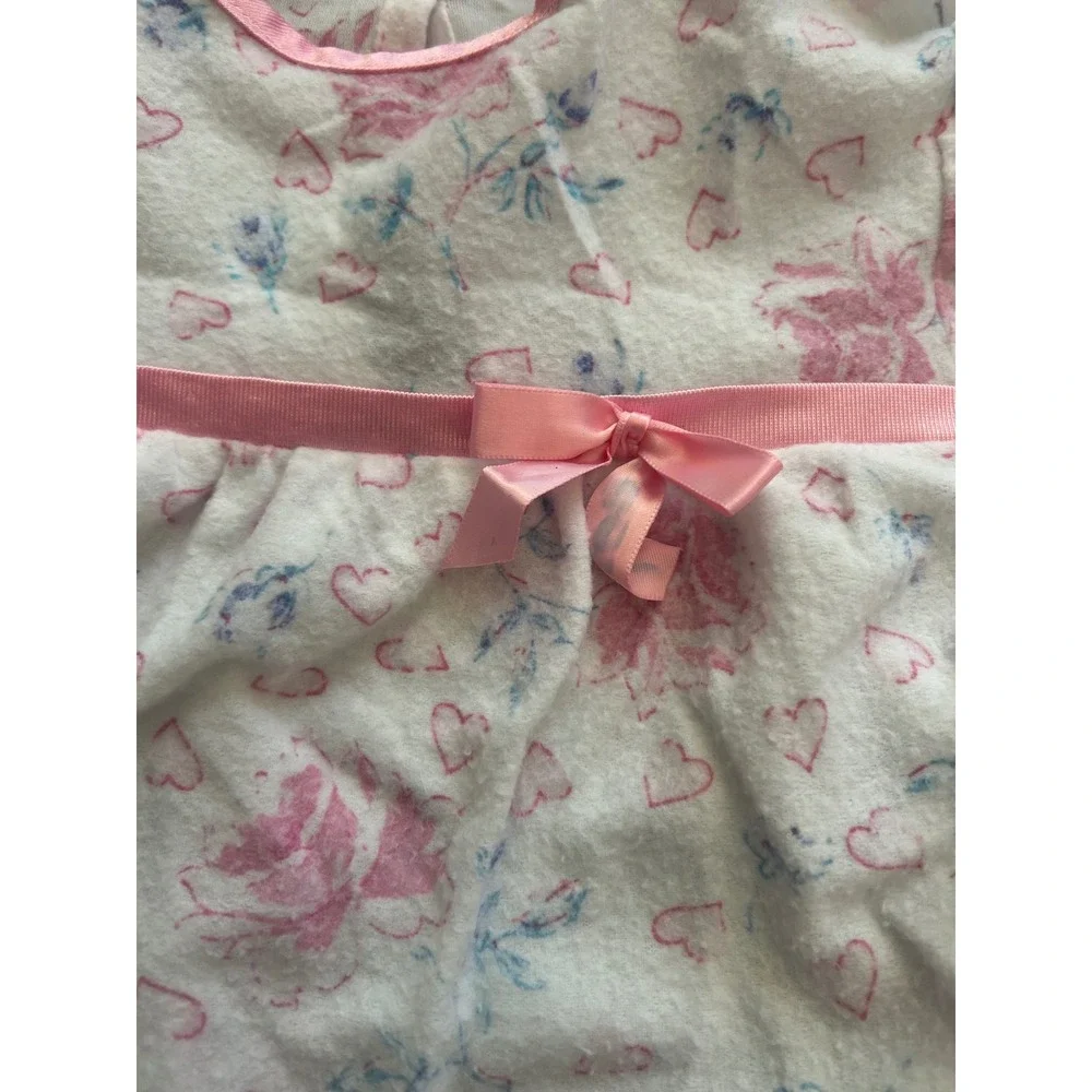 Vtg Cassie Girls Pink Floral Heart Fleece Nightgown Sz 8 Long Sleeve Ruffle Hem
